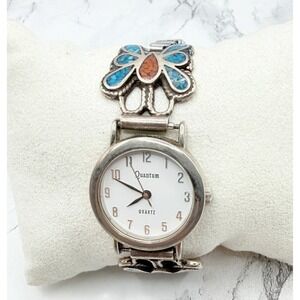 Quantum Southwestern Butterfly Watch Turquoise Red Silver Tone Stretch Band